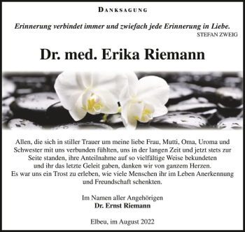 Traueranzeige von Dr. med. Erika Riemann  von Magdeburger Volksstimme