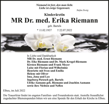 Traueranzeige von Dr. med. Erika Riemann (geb. Bartels)  von Magdeburger Volksstimme