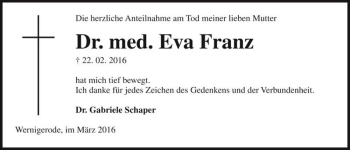 Traueranzeige von Dr. med. Eva Franz  von Magdeburger Volksstimme
