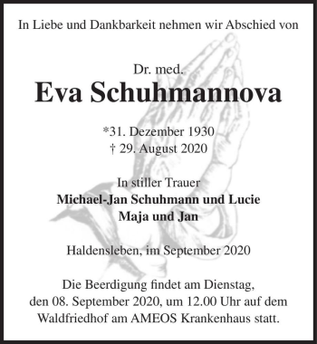 Traueranzeige von Dr. med. Eva Schuhmannova  von Magdeburger Volksstimme