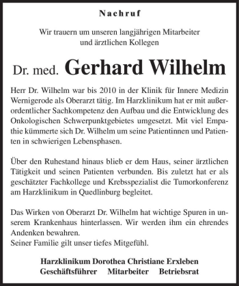 Traueranzeige von Dr. med. Gerhard Wilhelm  von Magdeburger Volksstimme