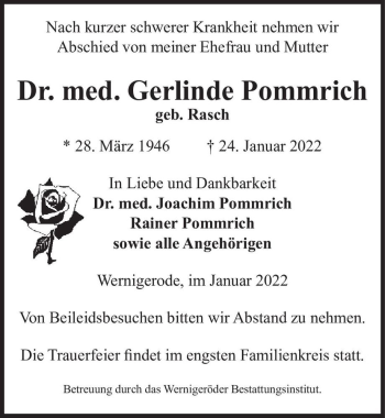 Traueranzeige von Dr. med. Gerlinde Pommrich (geb. Rasch)  von Magdeburger Volksstimme