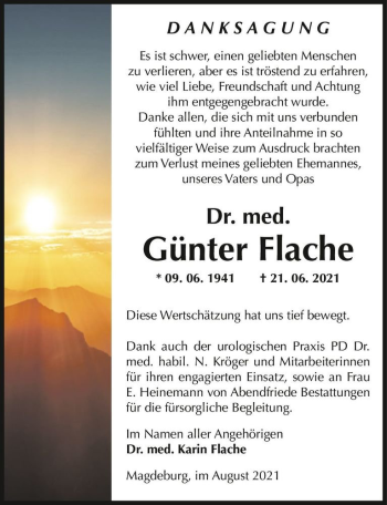 Traueranzeige von Dr. med. Günter Flache  von Magdeburger Volksstimme