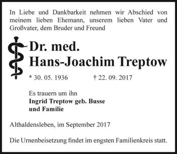 Traueranzeige von Dr. med. Hans-Joachim Treptow  von Magdeburger Volksstimme