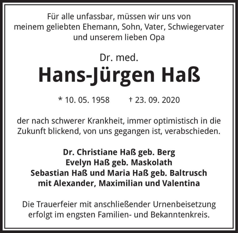  Traueranzeige für Dr. med. Hans-Jürgen Haß  vom 02.10.2020 aus Magdeburger Volksstimme