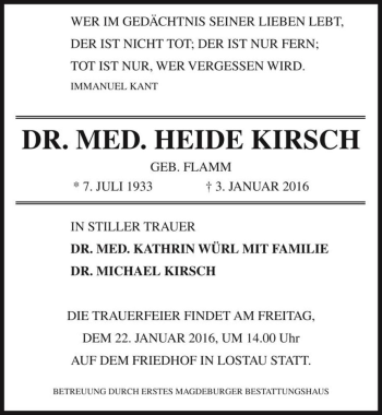 Traueranzeige von Dr. med. Heide Kirsch (geb. Flamm)  von Magdeburger Volksstimme