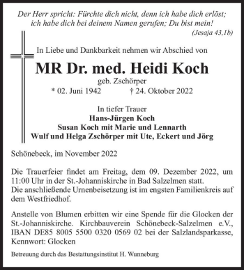 Traueranzeige von Dr. med. Heidi Koch (geb. Zschörper)  von Magdeburger Volksstimme