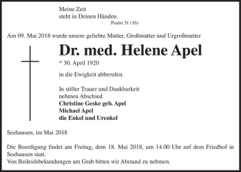 Traueranzeige von Dr. med. Helene Apel  von Magdeburger Volksstimme