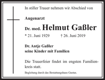Traueranzeige von Dr. med. Helmut Gaßler  von Magdeburger Volksstimme