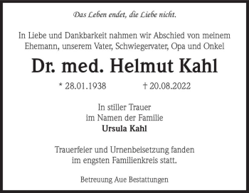 Traueranzeige von Dr. med. Helmut Kahl  von Magdeburger Volksstimme
