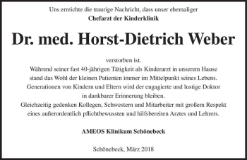 Traueranzeige von Dr. med. Horst-Dietrich Weber  von Magdeburger Volksstimme