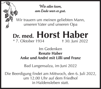 Traueranzeige von Dr. med. Horst Haber  von Magdeburger Volksstimme