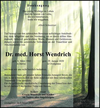 Traueranzeige von Dr. med. Horst Wendrich  von Magdeburger Volksstimme