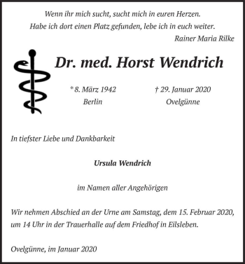 Traueranzeige von Dr. med. Horst Wendrich  von Magdeburger Volksstimme