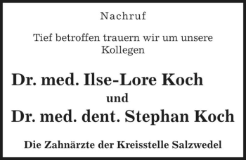 Traueranzeige von Dr. med. Ilse-Lore Koch und Dr. med. dent. Stephan Koch  von Magdeburger Volksstimme