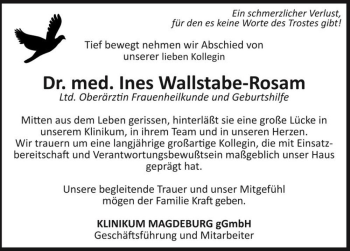 Traueranzeige von Dr. med. Ines Wallstabe-Rosam  von Magdeburger Volksstimme