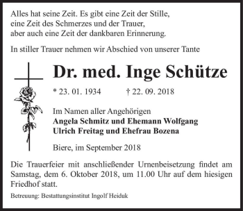 Traueranzeige von Dr. med. Inge Schütze  von Magdeburger Volksstimme