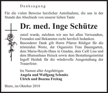 Traueranzeige von Dr. med. Inge Schütze  von Magdeburger Volksstimme