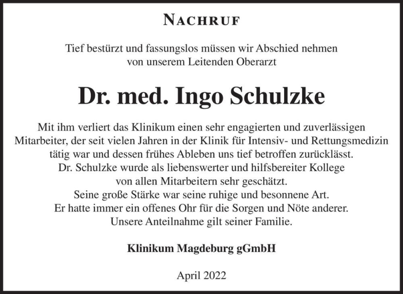  Traueranzeige für Dr. med. Ingo Schulzke  vom 16.04.2022 aus Magdeburger Volksstimme