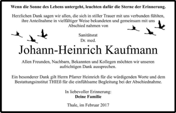 Traueranzeige von Dr. med. Johann-Heinrich Kaufmann  von Magdeburger Volksstimme