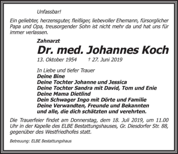Traueranzeige von Dr. med. Johannes Koch  von Magdeburger Volksstimme