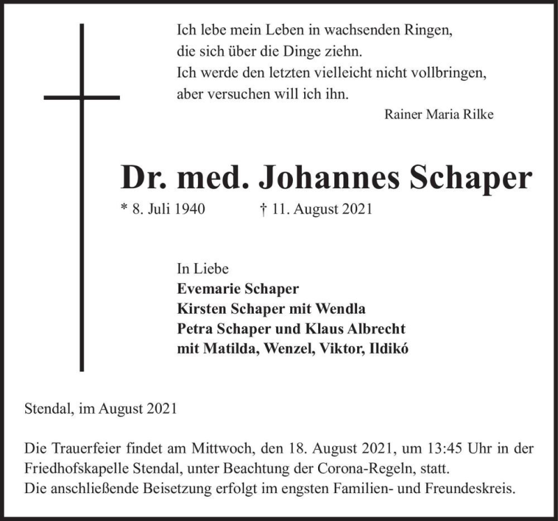  Traueranzeige für Dr. med. Johannes Schaper  vom 14.08.2021 aus Magdeburger Volksstimme