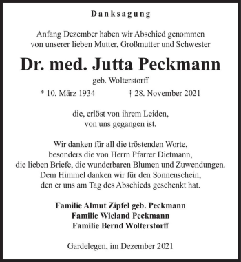 Traueranzeige von Dr. med. Jutta Peckmann (geb. Wolterstorff)  von Magdeburger Volksstimme