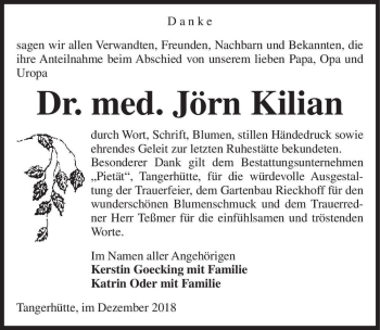 Traueranzeige von Dr. med. Jörn Kilian  von Magdeburger Volksstimme