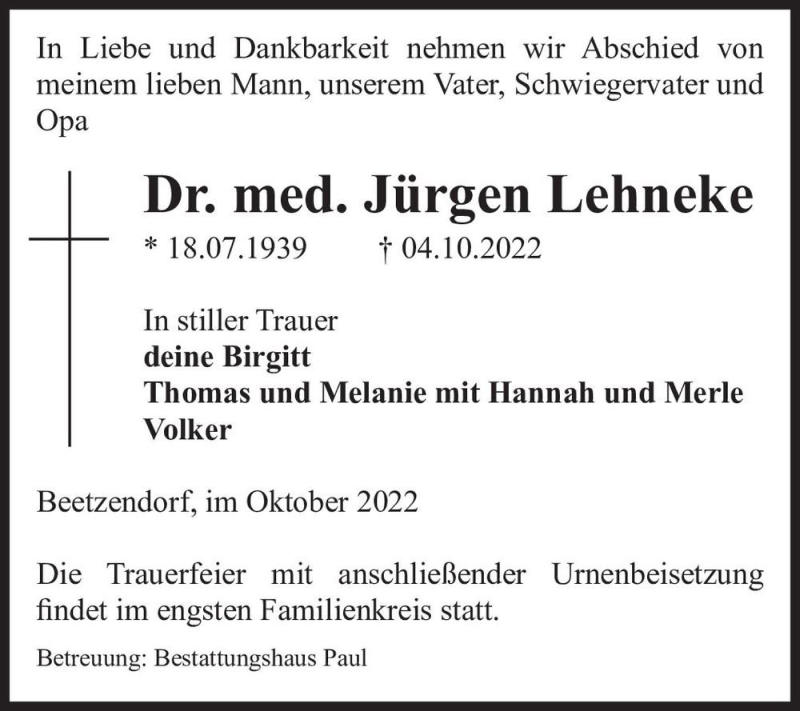  Traueranzeige für Dr. med. Jürgen Lehneke  vom 11.10.2022 aus Magdeburger Volksstimme