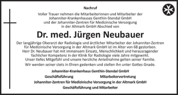 Traueranzeige von Dr. med. Jürgen Neubauer  von Magdeburger Volksstimme