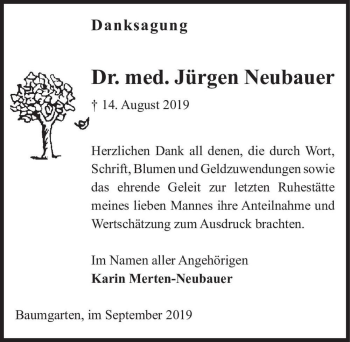 Traueranzeige von Dr. med. Jürgen Neubauer  von Magdeburger Volksstimme