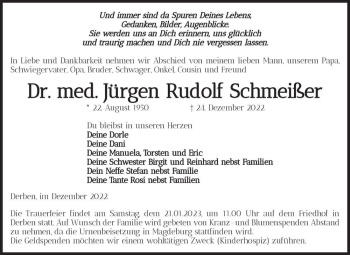 Traueranzeige von Dr. med. Jürgen Rudolf Schmeißer  von Magdeburger Volksstimme