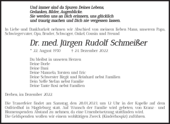 Traueranzeige von Dr. med. Jürgen Rudolf Schmeißer  von Magdeburger Volksstimme