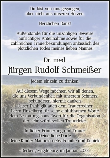 Traueranzeige von Dr. med. Jürgen Rudolf Schmeißer  von Magdeburger Volksstimme