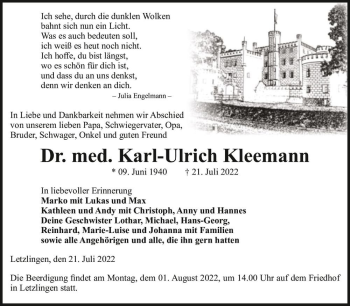 Traueranzeige von Dr. med. Karl-Ulrich Kleemann  von Magdeburger Volksstimme