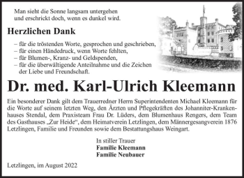 Traueranzeige von Dr. med. Karl-Ulrich Kleemann  von Magdeburger Volksstimme