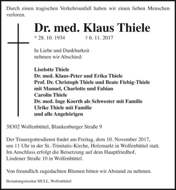 Traueranzeige von Dr. med. Klaus Thiele  von Magdeburger Volksstimme
