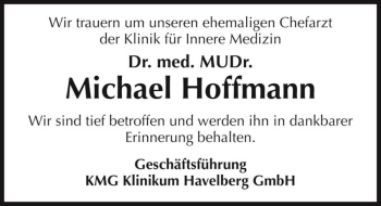 Traueranzeige von Dr. med. MUDr. Michael Hoffmann  von Magdeburger Volksstimme