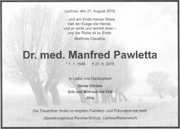 Traueranzeige von Dr. med. Manfred Pawletta  von Magdeburger Volksstimme