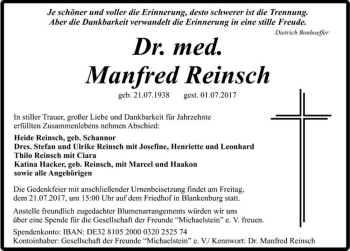 Traueranzeige von Dr. med. Manfred Reinsch  von Magdeburger Volksstimme