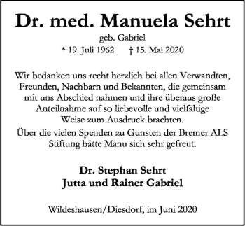 Traueranzeige von Dr. med. Manuela Sehrt (geb. Gabriel)  von Magdeburger Volksstimme