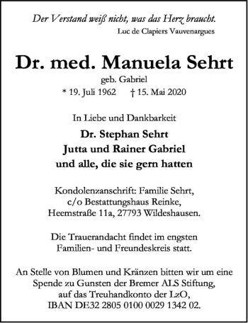 Traueranzeige von Dr. med. Manuela Sehrt (geb. Gabriel)  von Magdeburger Volksstimme