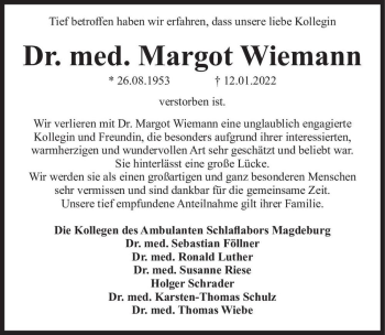 Traueranzeige von Dr. med. Margot Wiemann  von Magdeburger Volksstimme