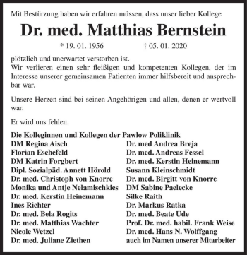 Traueranzeige von Dr. med. Matthias Bernstein  von Magdeburger Volksstimme