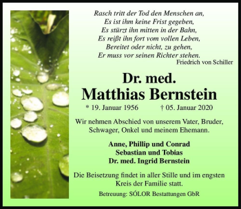 Traueranzeige von Dr. med. Matthias Bernstein  von Magdeburger Volksstimme