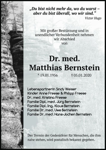 Traueranzeige von Dr. med. Matthias Bernstein  von Magdeburger Volksstimme