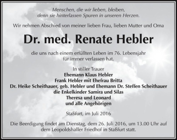 Traueranzeige von Dr. med. Renate Hebler  von Magdeburger Volksstimme