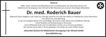Traueranzeige von Dr. med. Roderich Bauer  von Magdeburger Volksstimme