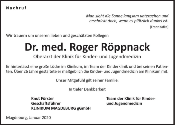 Traueranzeige von Dr. med. Roger Röppnack  von Magdeburger Volksstimme