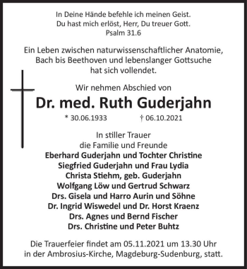 Traueranzeige von Dr. med. Ruth Guderjahn  von Magdeburger Volksstimme